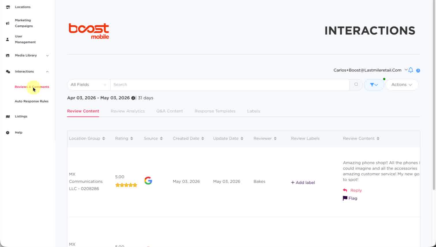 Sidebar with Reviews and Comments highlighted
