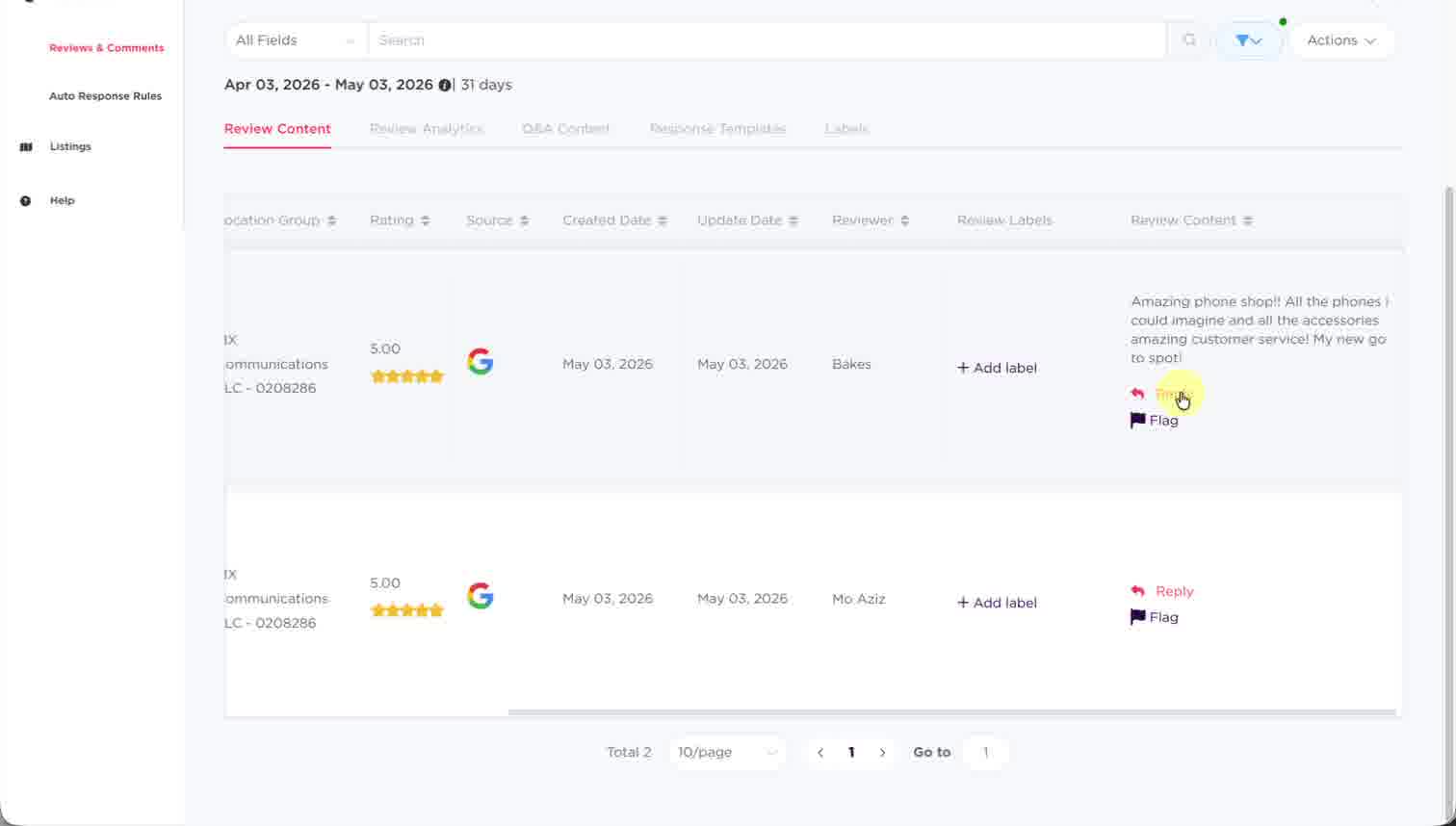 Review row with Reply button
