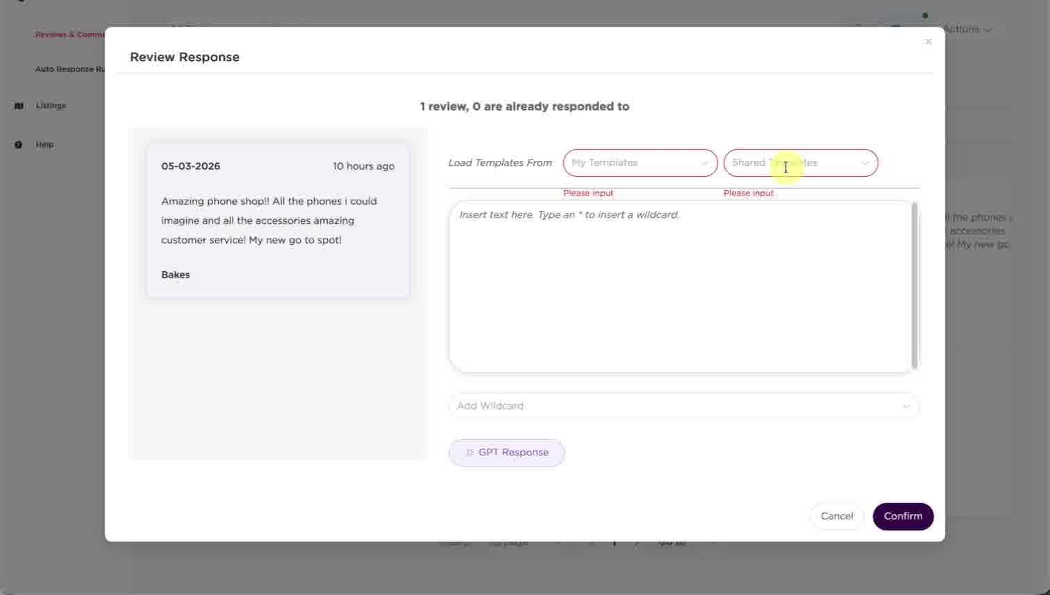 Review Response modal opened