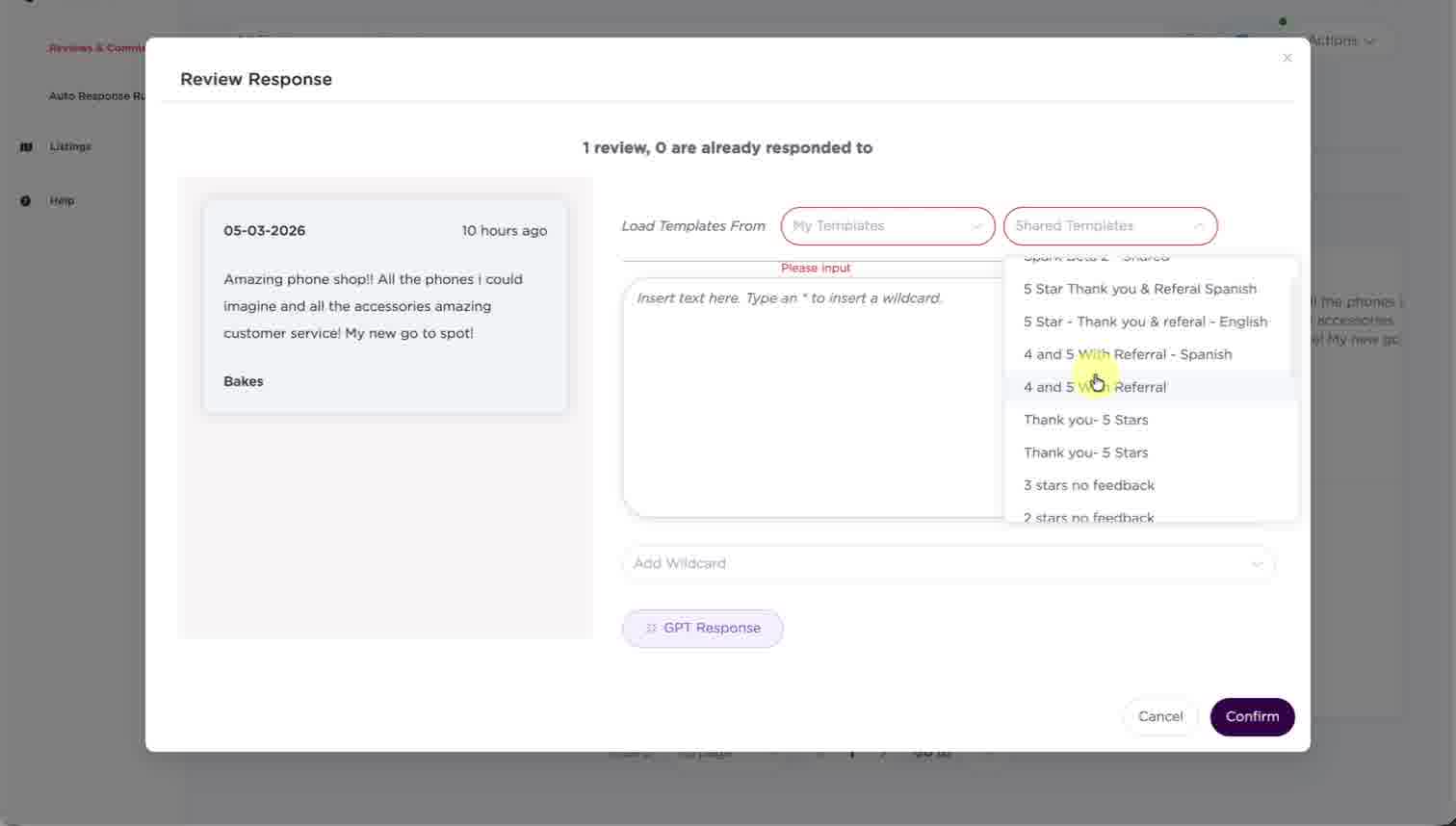 Shared templates dropdown opened