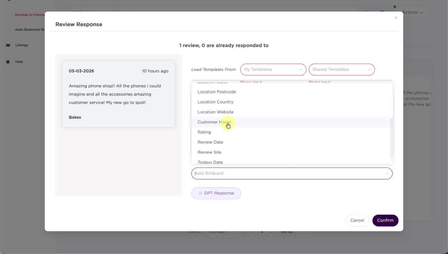 Wildcard dropdown showing Customer Name